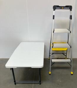 Gorilla Ladders GLA-4XB 4.5 ft Aluminum Dual Platform Step Ladder with Project Bucket & White Foldable Small Camping Table