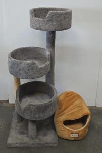 3-Tier Gray Cat Tree Tower with Scratching Post and Armarkat Tan Cave Bed, 50" Tall, 3 Perches