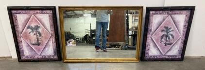 Large Gold-Framed Wall Mirror and Two Tropical Palm Tree Prints with Bamboo-Style Frames