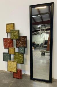 Contemporary Black Full-Length Wall Mirror and Multicolor Embossed Metal Wall Art,