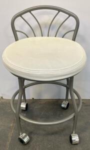 Rolling Stool with Backrest and Casters, White Upholstery, Metal Frame