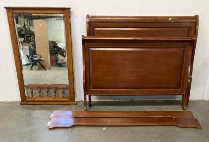 Traditional Full Size Sleigh Bed Frame with Turned Spindle Mirror, Solid Wood, Marked 3126