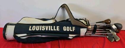 Vintage Louisville Golf Carry Bag With Mixed Clubs & Persimmon Woods, 10-Piece Set