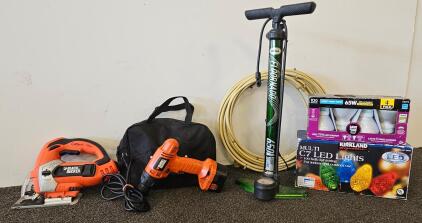 Black & Decker Jigsaw (tested, works) and PS1200 12V Cordless Drill/Driver with Soft Case (needs charger), LED lightbulbs, LED Multicolored Lights, Bell Floornado Air pump and more