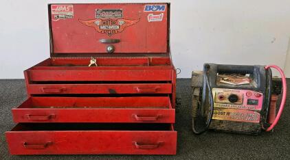 Rally Boost It 600 Peak Amp Jump Starter & Snap-On 3-Drawer Steel Tool Chest, Red (keys included)
