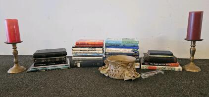 Vintage & Modern Book Lot (~26 pcs), Brass Candlesticks, Ornate Bowl &ndash; Religion, History, Art