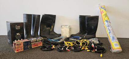 Tingley and Onguard Safety Boots, Men's Sizes 8 and 9, Composite Toe, 15" Height, Black/Yellow, The Gym Keg new in box, Foot Pump, Assorted Cords, and More
