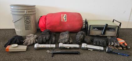 Vintage Dominion Portable Electric Oven/Broiler, Green, 1970s-1980s, Temperature Range 200-500&deg;F (tested, works), Marlboro Sleeping Bag, Multiple Flashlights and assorted gloves