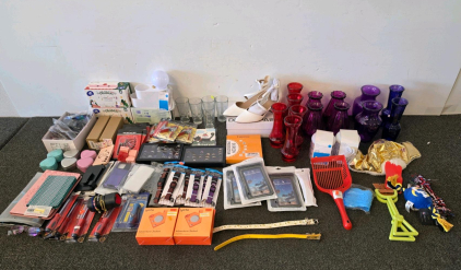Large Mixed Lot: Pet Supplies, Home Decor, Glass Vases, Tools, Jewelry, Yoto Adventure Jackets, And More