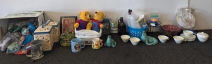 Mixed Household & Collectible Lot, 2 Winnie the Pooh Plush, Disney Mugs, Kitchenware,