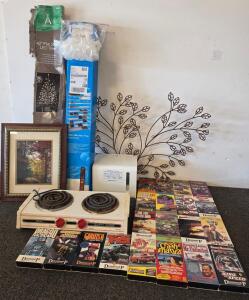 Vintage Diamond P Racing Dragster & Monster Truck VHS Collection - 20 Tapes, 1980s-1990s, NTSC, Buffet Range (needs some TLC but is Functioning), Nature framed photo, 10 tier shoe rack, Flat stick LED light Christmas Tree (Functioning).