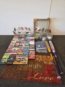 Large Mixed Lot: 2 Easton Baseball Bats, Vintage Drag Racing VHS, Home Decor, Mirror, Rug