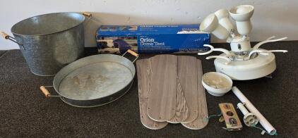 Stansport Orion Dome Tent, ceiling fan and hardware, 2 large metal pans with handles,