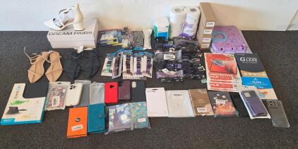 Mixed Merchandise Lot: Dream Pairs Shoes, Phone Cases, Pet Collars, Glasses, KATIN Glass, And More
