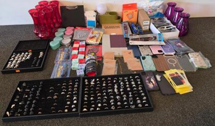 Bulk Costume Jewelry & Accessory Lot - Rings, Vases, Phone Cases, Sunglasses, Collars