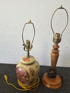 Vintage Table Lamps: Ceramic Scenic Motif & Turned Wood, Socket Switch, No Shade