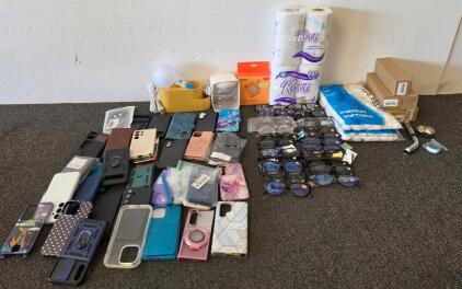 Bulk Lot Eyeglasses, Phone Cases, Paper Towels, Cotton Balls, Yoto, Household Accessories Items