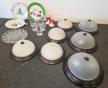 Lot of 7 Flush Mount Dome Ceiling Lights, Bronze, Frosted Glass Shade, 2 candle stick holders, deviled egg tray, Christmas Decorative Plates, 5 thick drinking glasses