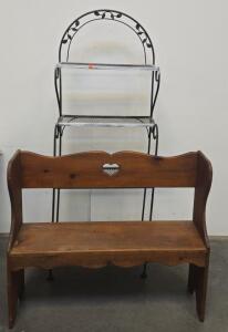 Primitive Wooden Bench w/ Heart Cutout, Black Metal 4-Tier Bakers Rack, Floral Accent Chair Set