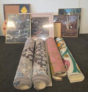 Mixed Lot Framed Art Prints & Four Area Rugs, Gold Frames, Children's Cartoon Rug, Beautiful photos of nature and water