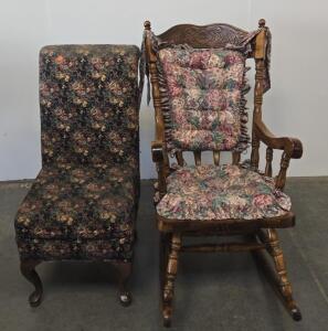 Vintage Floral Carved Rocking Chair & Upholstered Slipper Chair, Wood Frame, Cushions Included