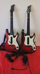 Guitar Hero World Tour Wireless Red Guitar Controllers (2) & USB Microphone Set w/ Straps