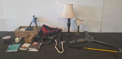 Mixed Lot: Table Lamps, Ettore 42" Reach Tool, Safety Harness, 36" Fan Blade, Books, Hardware Golf Club