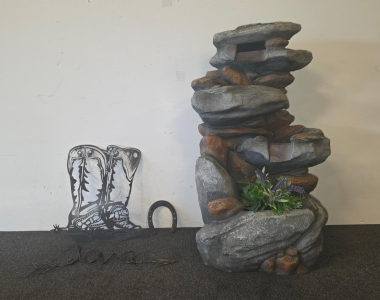Large Polyresin 3-Tier Rock Waterfall Fountain, Electric Pump, Gray, End of pump is missing connection therefore could not test for Functioning, Rust Accents are included, this lot would be great for a backyard/patio or front porch decor