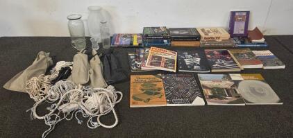 Large Mixed Lot: Vintage Glass Vases, Tool/Auto Books, Ropes, Canvas Bags with steel rods with hooks at the end and large screws in them&mdash;Automotive & DIY