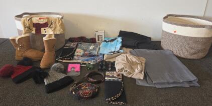 Size 8 UGG Boots, Knit Hats, Woven Baskets, Beaded Clutch, Pet Mat, Home Apparel Lot,