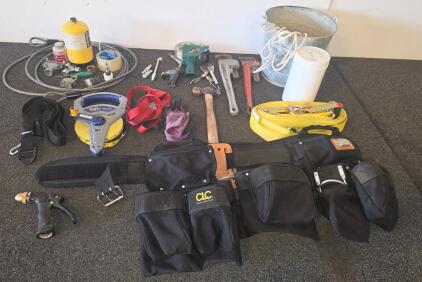 Assorted Construction & Plumbing Tool Lot w/ CLC Tool Belt, Tape Reel, Pipe Wrenches, Ratchet Strap ideal for home improvement/a construction business owner