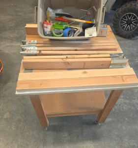 Wooden table could be used for a work station or an outdoor bar, Set of 6 Modular Softwood Workbench Table Legs with Metal Brackets + Painting Tool Bundle
