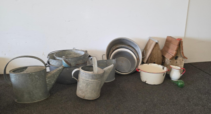 Vintage Galvanized Watering Cans, Buckets, Enamelware Basins, Wooden Birdhouses, Rustic Lot