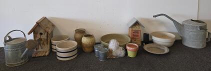 Vintage Garden Decor Lot: Galvanized Watering Cans, Stoneware Crocks, Wooden Birdhouse, Bee Hotel