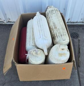 Lot of 10 Polyform Cylindrical Boat Fenders, Double Eye, White & Red, 23"x6.5", Some with Lines