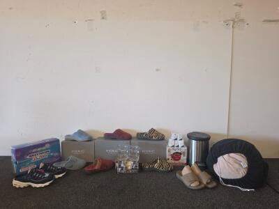 Skechers D&rsquo;Lites & Vionic Slippers (all are brand new and sizes range from 6-7), Lot w/ RCR Glasses, MyMini Dipping Pot functioning unknown brand new in package, Trash Can, Large blanket with holder,