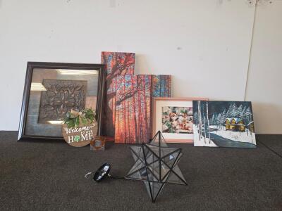 Home Wall Art & Decor Lot: Artworks, Moravian Star Pendant Light, Wood Welcome Sign