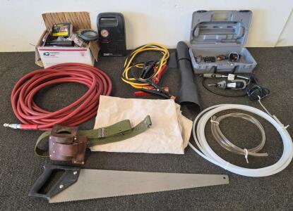 Dremel MultiPro Rotary Tool Kit, Hand Saw, Air Hose 50&rsquo;, Jumper Cables, Nails & Tools Lot