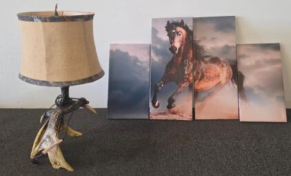 Rustic Faux Antler Table Lamp tested and functioning & 4-Piece Galloping Horse Canvas Wall Art Set