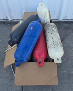 Lot of 12-13 Cylindrical Boat Fenders, 24-28" x 6-8", Double Eye, Various Colors