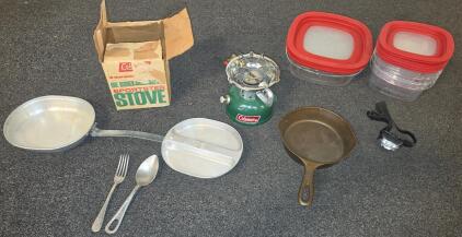 Coleman Sportster Stove with Cast Iron Skillet, Mess Kit, Utensils, Containers, Headlamp, Box