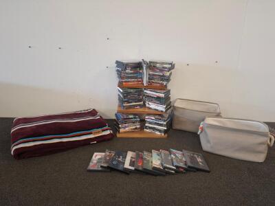 80+ Movie DVD & Blu-Ray Lot &ndash; Harry Potter, Disney, Thriller/Drama, Storage Bins, Blanket, small wood shelf