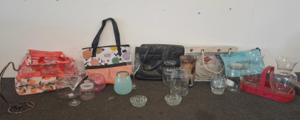 Mixed Lot of Tote Bags & Handbags with Glass Pitchers, Vases, Bowls, Jars & Basket