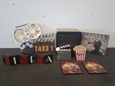 Home Theater Decor Lot with Electric Mini Fireplace heater ( powered on)Cinema-Themed Wall Art, 10 Items
