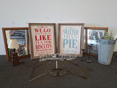 Assorted Home Decor Lot: Loveless Cafe Wall Art, Mirrors, Lamp,( unable to test,no bulb) Metal Vase, Candle Holders, Rack