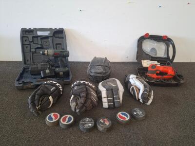 Black & Decker ZipSaw Rotary Saw with Hard Case, Ryobi drill, charger battery pack and hard case,( both powered on) hockey set with pucks