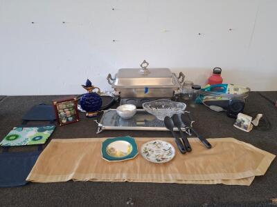 Buffet Chafing Dish 8 Qt Stainless, Electric Griddle 22in, ( powered on) Assorted Kitchen & Decor Lot
