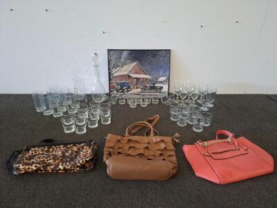 Large Mixed Glassware Set, Three Fashion Handbags & Framed Coca-Cola Store Print, 30+ Pieces