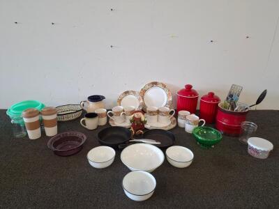 Large Assorted Kitchenware Lot: Stoneware, Glass, Red Canisters, Utensils, Dinnerware( correlle dishes.