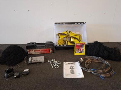 Mixed Lot: Tire Chains, Wheel Chocks, Powermatic 14" Bandsaw Blades, Cargo Nets, Chargers, Hardware